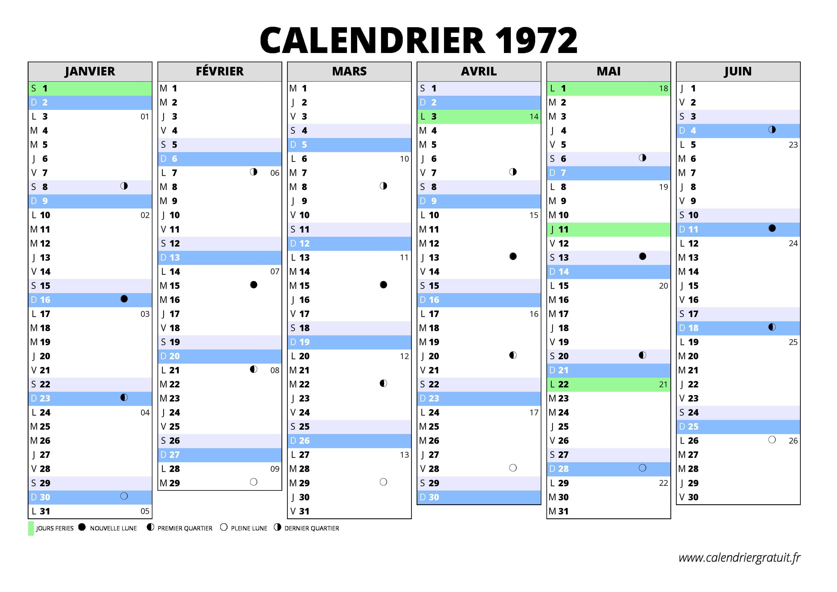 Calendrier 1972 | calendriergratuit.fr