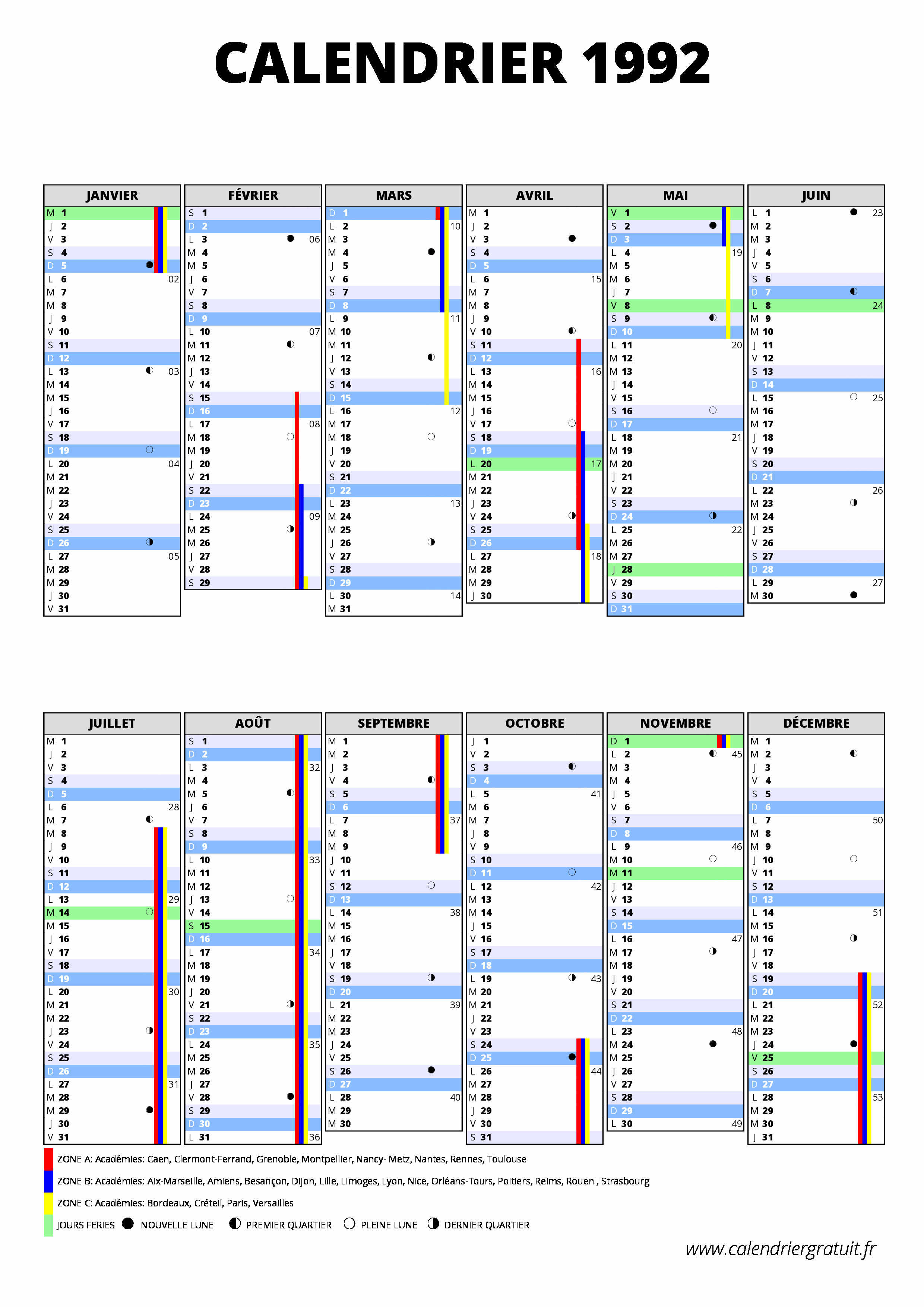 Calendrier 1992 | calendriergratuit.fr