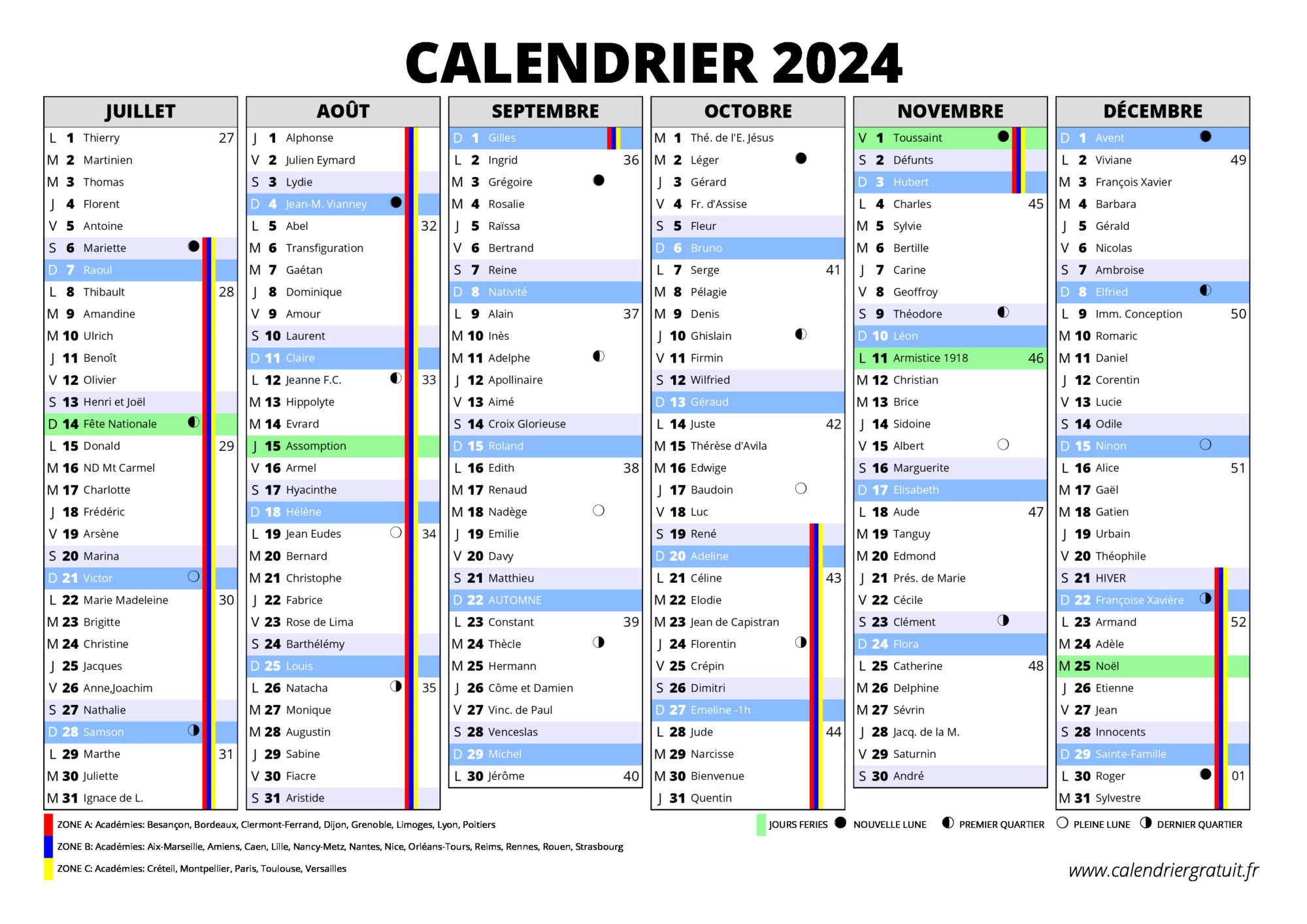Calendrier 2024 PDF paysage imprimable mensuel Calendrier mensuel