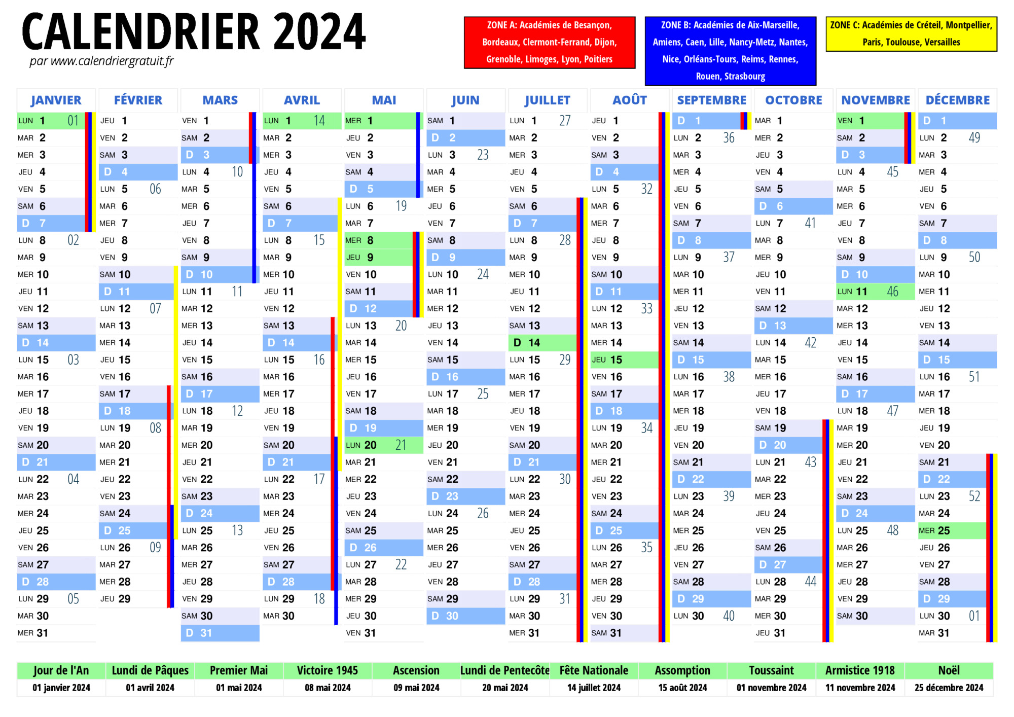Calendrier 2024 14 mois- Verso carte Europe et France - JPG