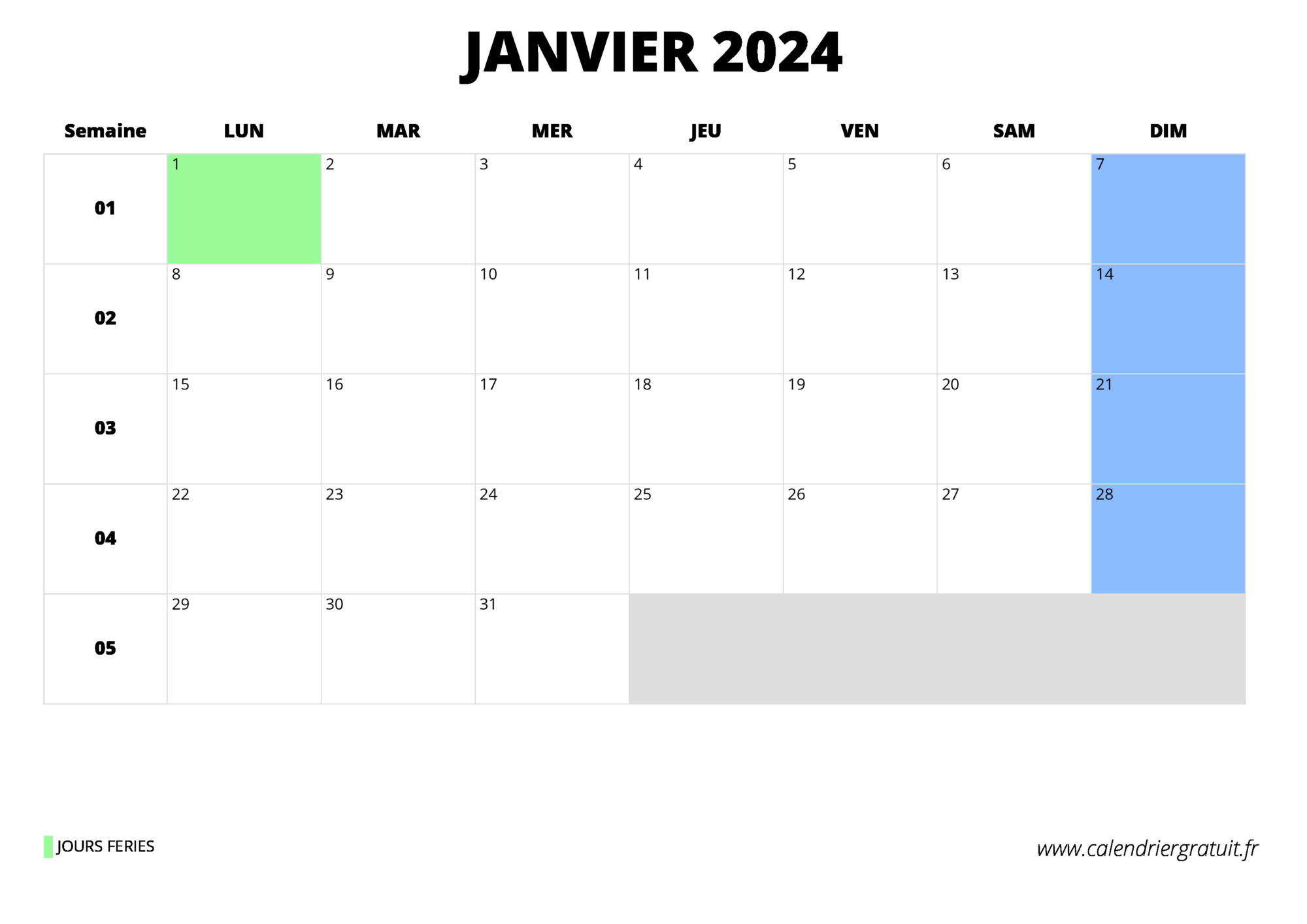 Modèle Calendrier mensuel de janvier 2024