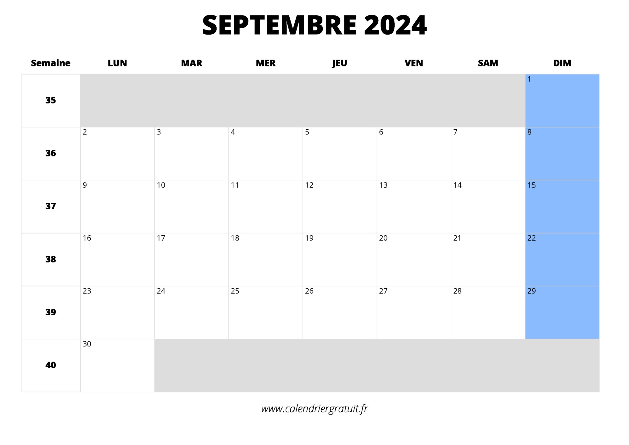 Calendriers et agendas imprimables pour le mois Septembre 2024 A4