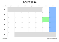 calendrier août 2054 au format paysage