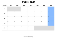 calendrier avril 2065 au format paysage