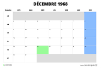 calendrier décembre 1968 au format paysage