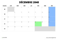 calendrier décembre 2048 au format paysage