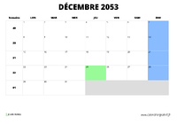 calendrier décembre 2053 au format paysage