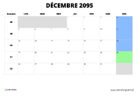 calendrier décembre 2095 au format paysage