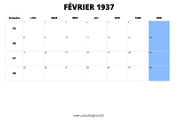 calendrier février 1937 au format paysage