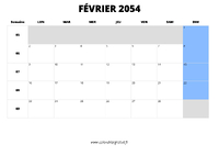 calendrier février 2054 au format paysage