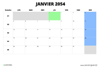 calendrier janvier 2054 au format paysage