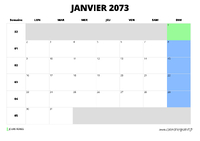 calendrier janvier 2073 au format paysage