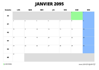 calendrier janvier 2095 au format paysage