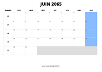 calendrier juin 2065 au format paysage