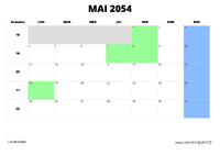 calendrier mai 2054 au format paysage