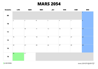 calendrier mars 2054 au format paysage