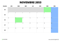 calendrier novembre 2053 au format paysage