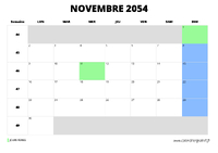 calendrier novembre 2054 au format paysage