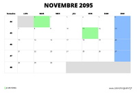 calendrier novembre 2095 au format paysage