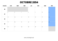 calendrier octobre 2054 au format paysage