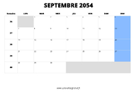 calendrier septembre 2054 au format paysage